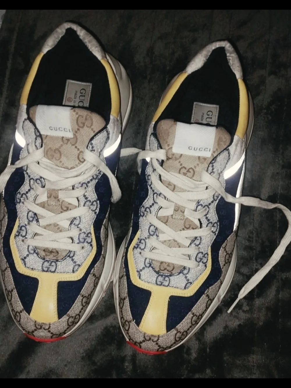 Gucci Rhyton Beige Navy Yellow GG Monogram Canvas Chunky Sneakers Men Casual 12
